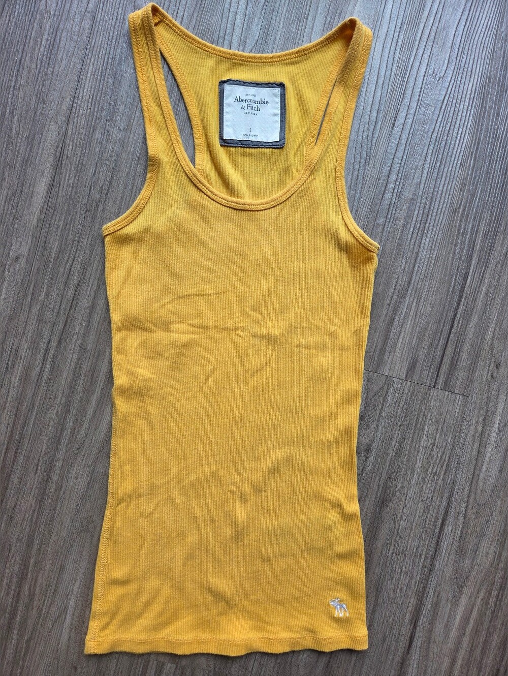 Vintage Abercrombie & Fitch Women's Yellow Ribbed Racerback Tank Top, Moose Logo